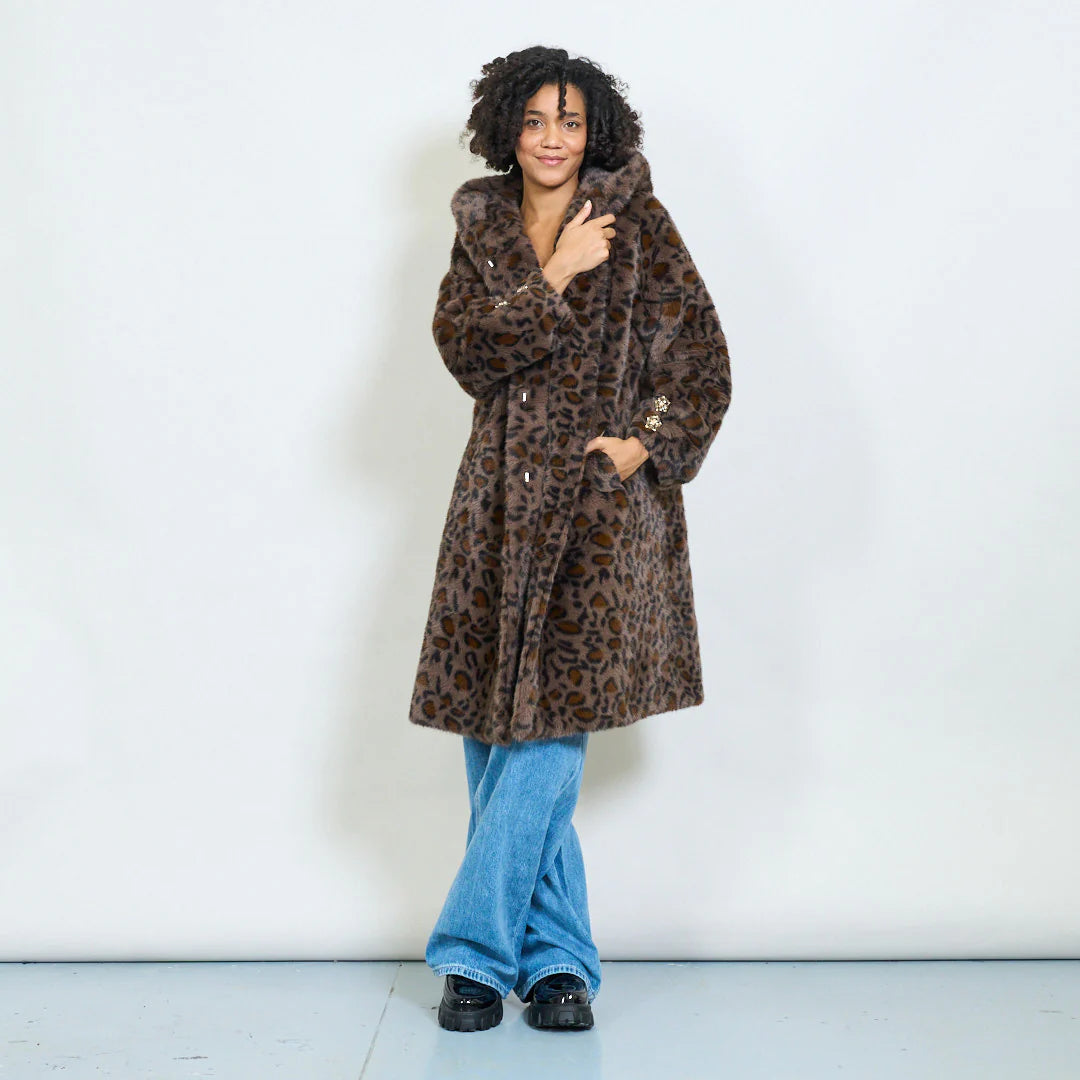 Faux Fur Coat with Hood and Gold Details