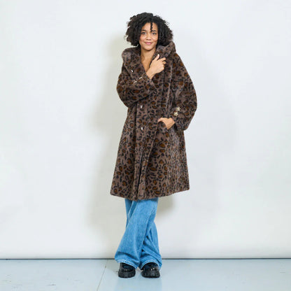 Faux Fur Coat with Hood and Gold Details