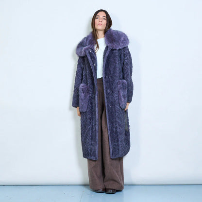 Long Faux Fur Coat with Belt and Contrasting Pockets