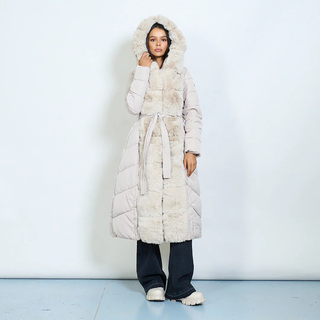 Long Down Jacket with Hood and Faux Fur Details