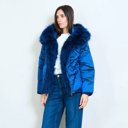 Women's Short Down Jacket with Faux Fur Collar