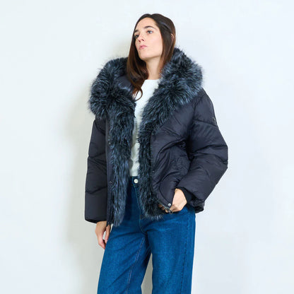 Women's Short Down Jacket with Faux Fur Collar