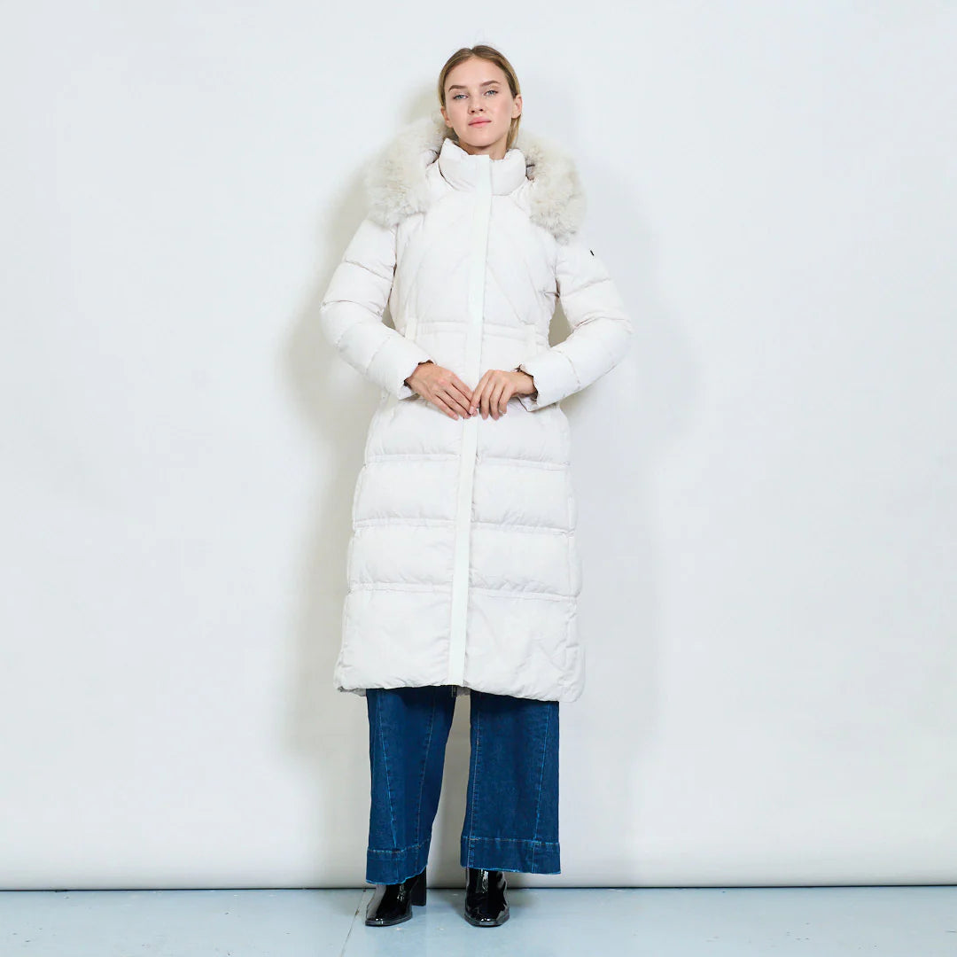 Women's Long White Padded Coat with Faux Fur Hood