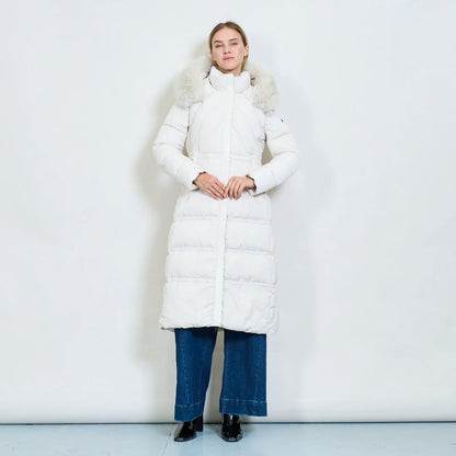 Women's Long White Padded Coat with Faux Fur Hood