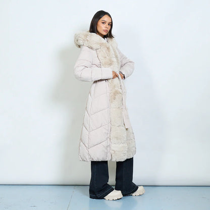 Long Down Jacket with Hood and Faux Fur Details