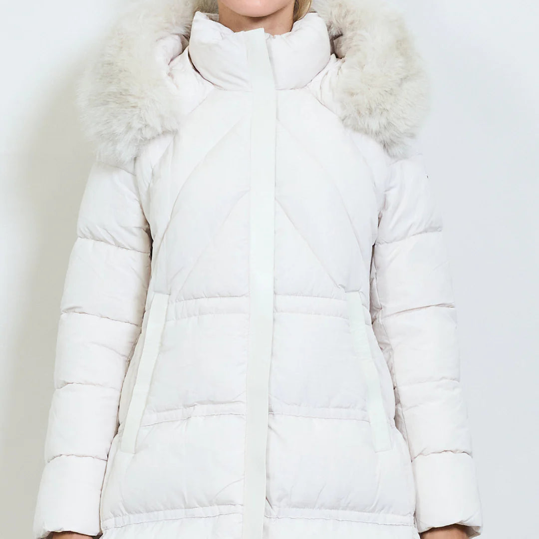 Women's Long White Padded Coat with Faux Fur Hood
