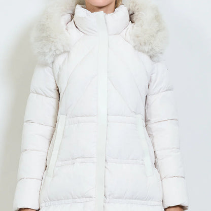 Women's Long White Padded Coat with Faux Fur Hood
