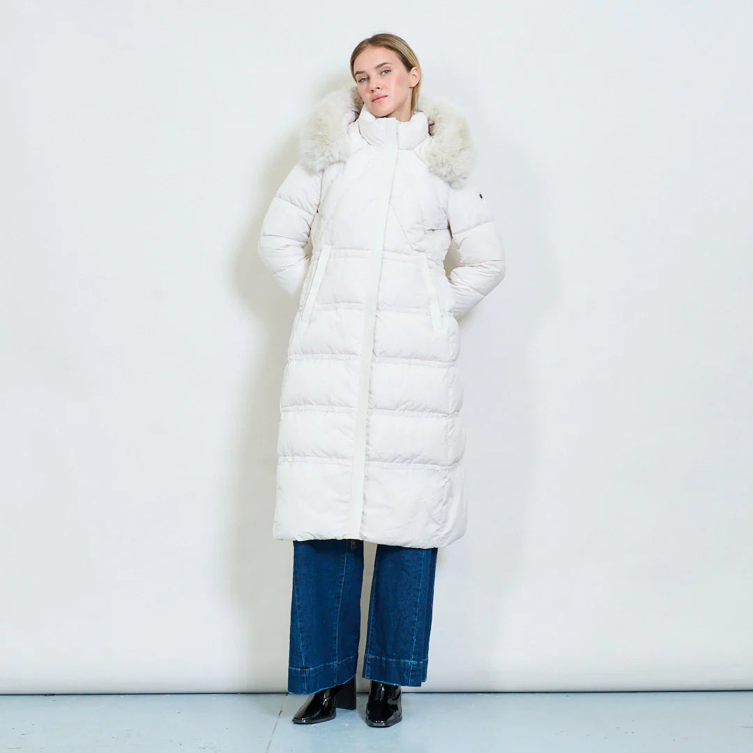 Women's Long White Padded Coat with Faux Fur Hood