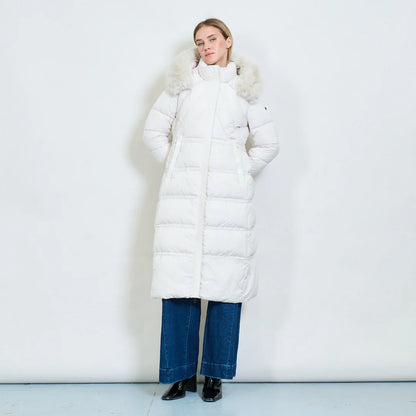 Women's Long White Padded Coat with Faux Fur Hood