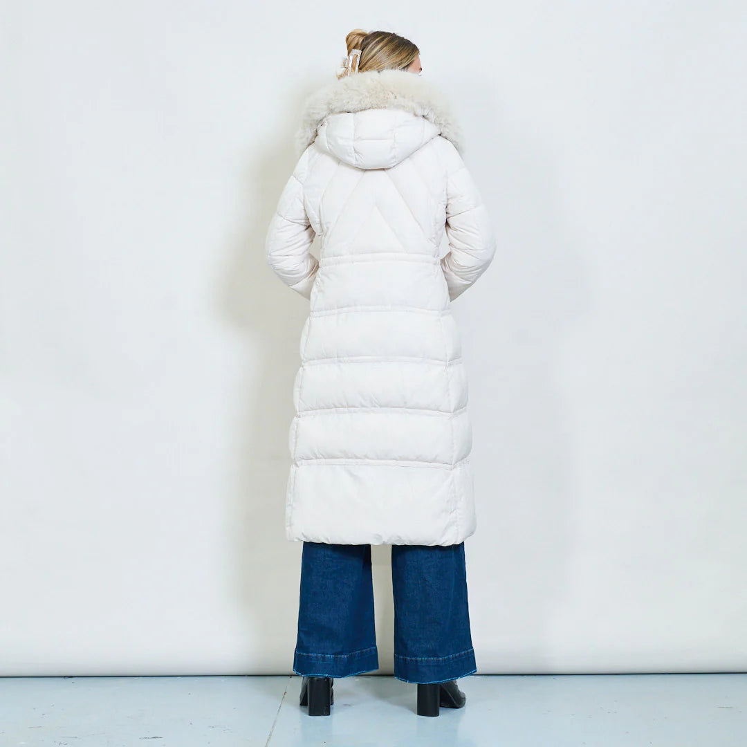 Women's Long White Padded Coat with Faux Fur Hood