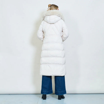 Women's Long White Padded Coat with Faux Fur Hood