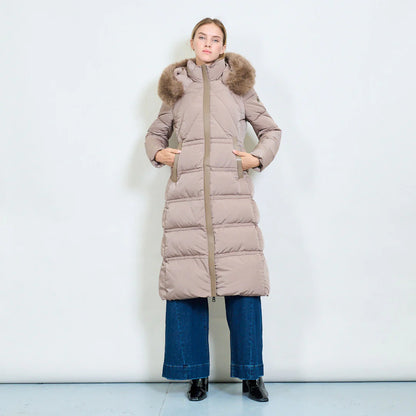 Women's Long White Padded Coat with Faux Fur Hood