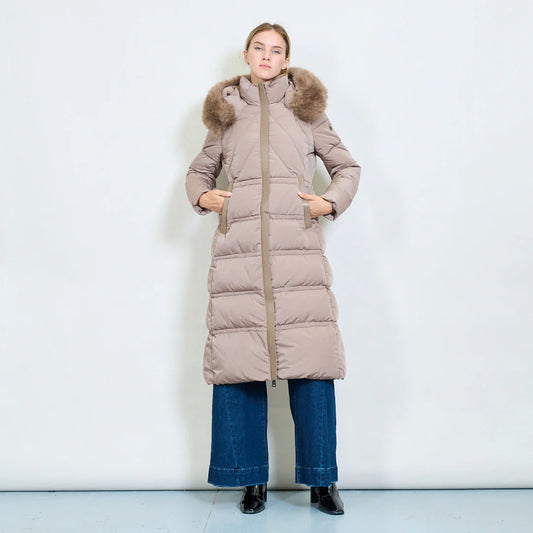 Women's Long White Padded Coat with Faux Fur Hood
