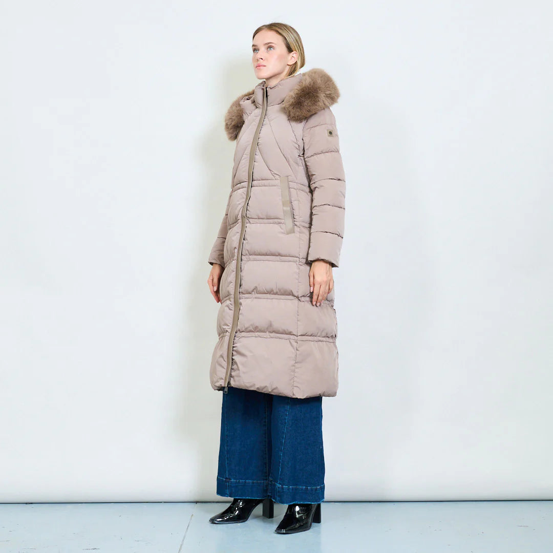 Women's Long White Padded Coat with Faux Fur Hood