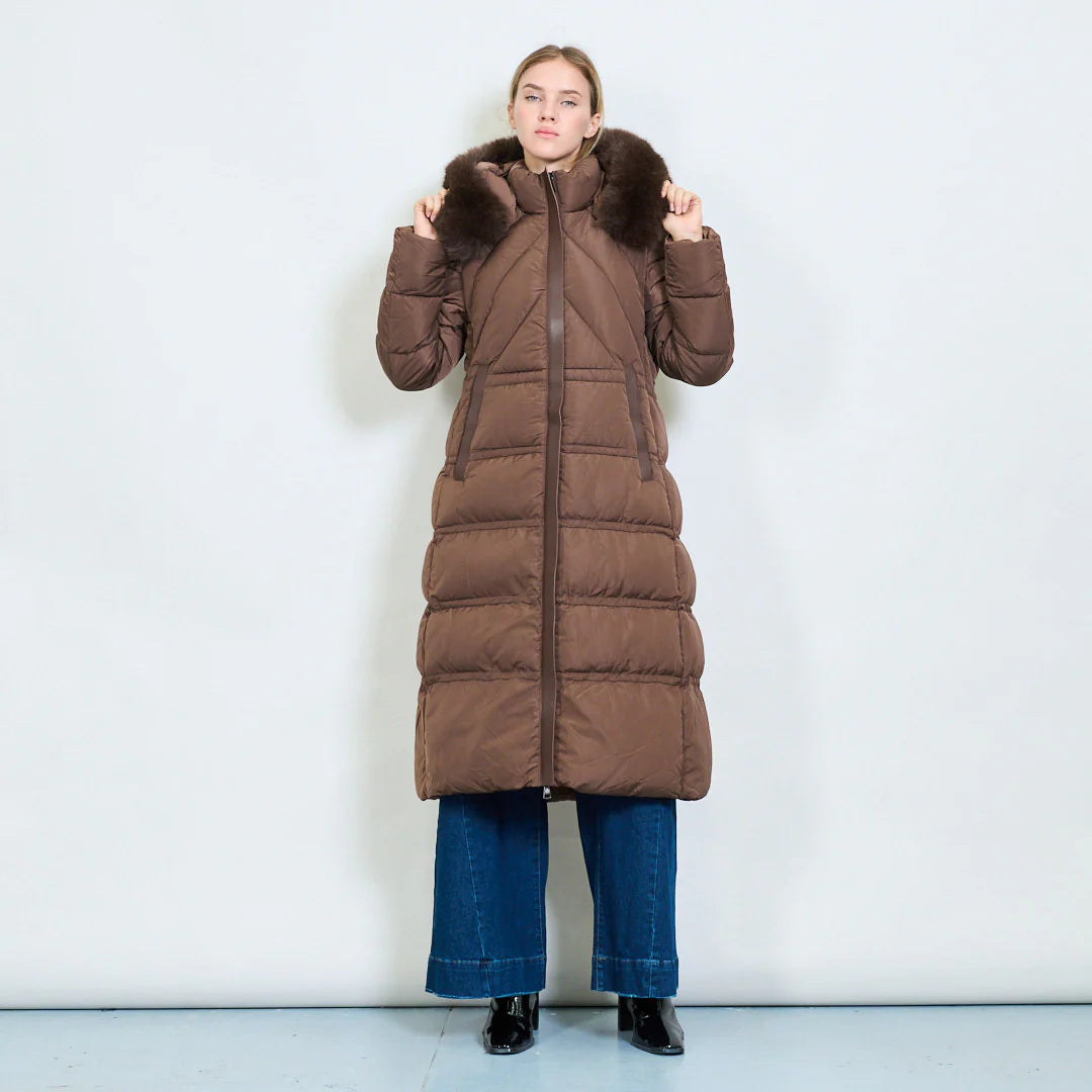 Women's Long White Padded Coat with Faux Fur Hood