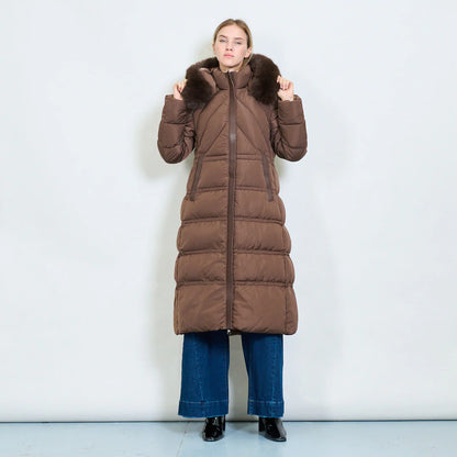 Women's Long White Padded Coat with Faux Fur Hood