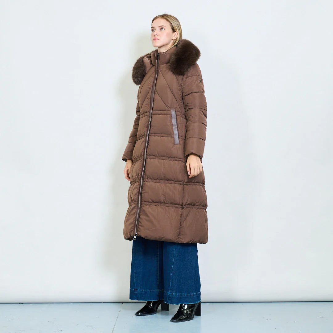 Women's Long White Padded Coat with Faux Fur Hood