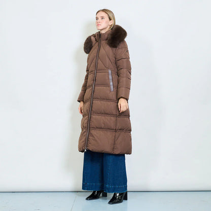 Women's Long White Padded Coat with Faux Fur Hood