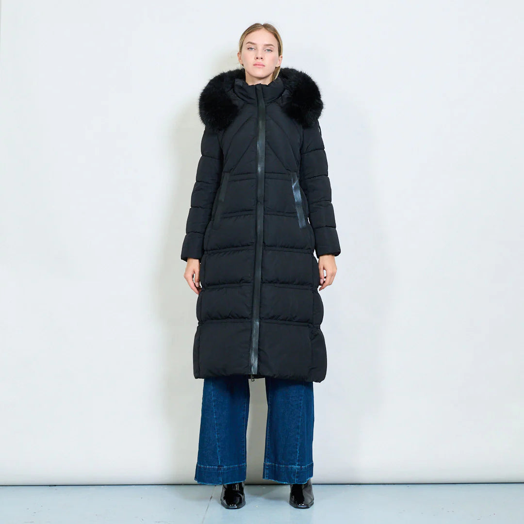 Women's Long White Padded Coat with Faux Fur Hood