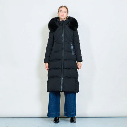 Women's Long White Padded Coat with Faux Fur Hood