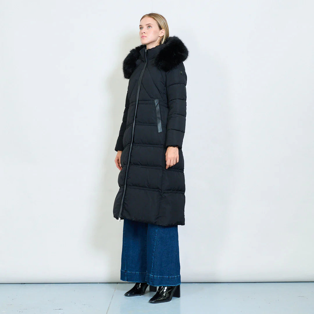 Women's Long White Padded Coat with Faux Fur Hood