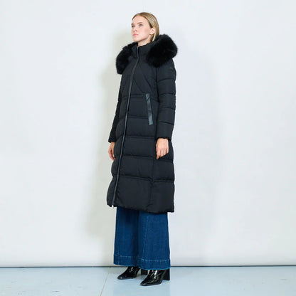 Women's Long White Padded Coat with Faux Fur Hood