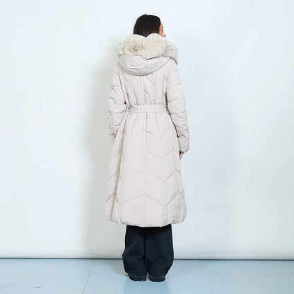 Long Down Jacket with Hood and Faux Fur Details