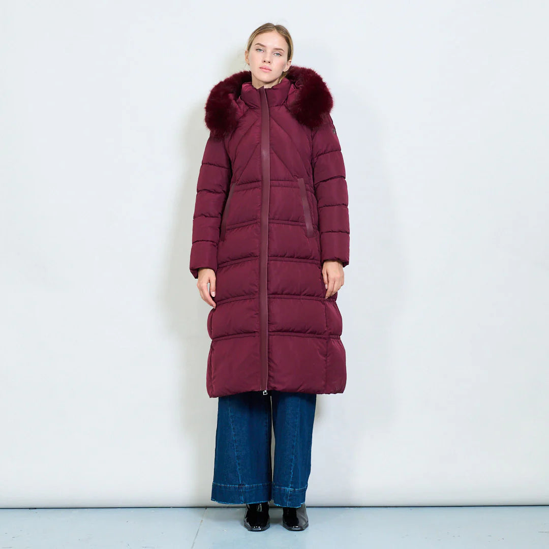 Women's Long White Padded Coat with Faux Fur Hood