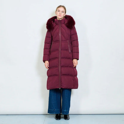 Women's Long White Padded Coat with Faux Fur Hood