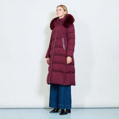 Women's Long White Padded Coat with Faux Fur Hood