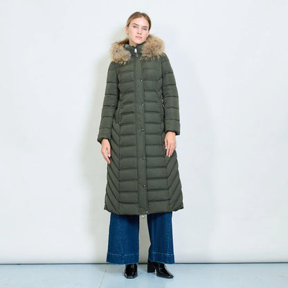 Long Green Coat with Hood and Real Rabbit Fur Collar