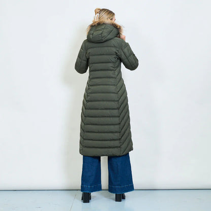 Long Green Coat with Hood and Real Rabbit Fur Collar