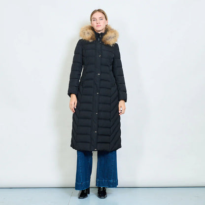 Long Green Coat with Hood and Real Rabbit Fur Collar