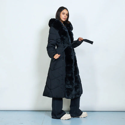 Long Down Jacket with Hood and Faux Fur Details
