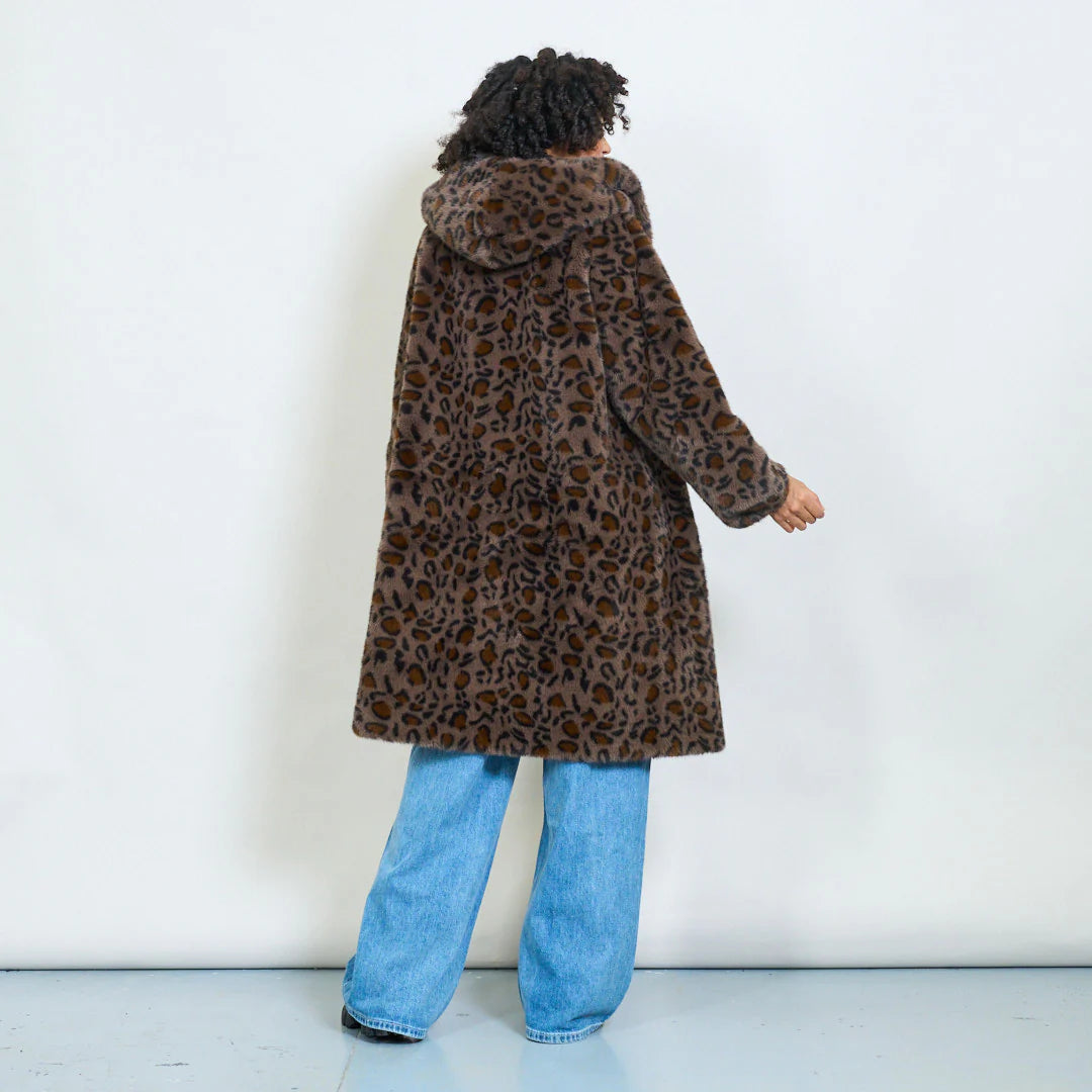 Faux Fur Coat with Hood and Gold Details