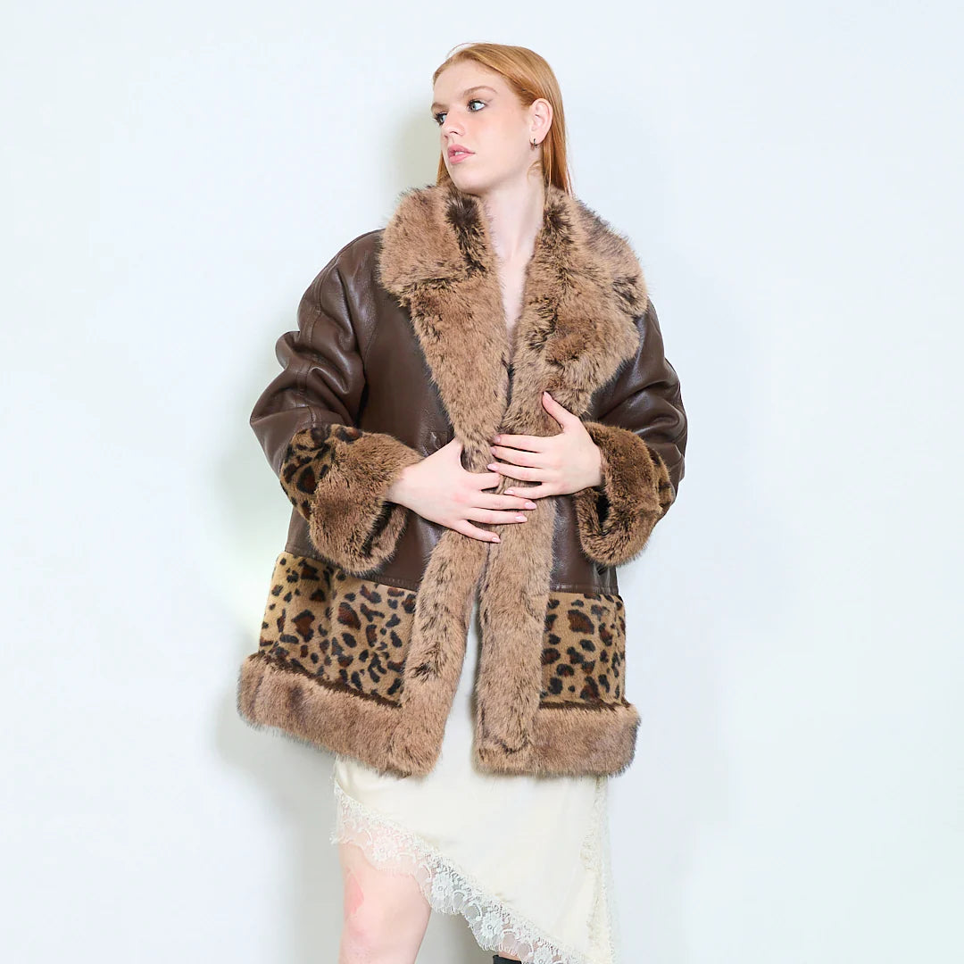 Cappotto donna effetto pelle con inserti in pelliccia e stampa leopardata – Sunnyday