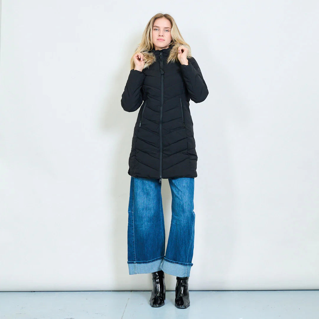 Medium-Length Green Down Jacket with Real Rabbit Fur Hood and Collar