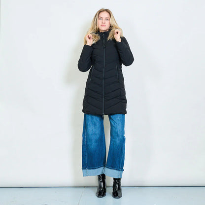 Medium-Length Green Down Jacket with Real Rabbit Fur Hood and Collar