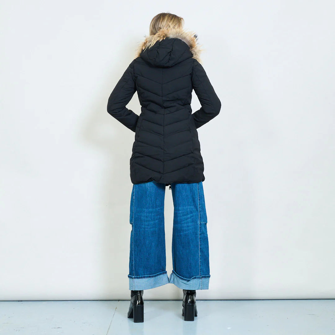 Medium-Length Green Down Jacket with Real Rabbit Fur Hood and Collar