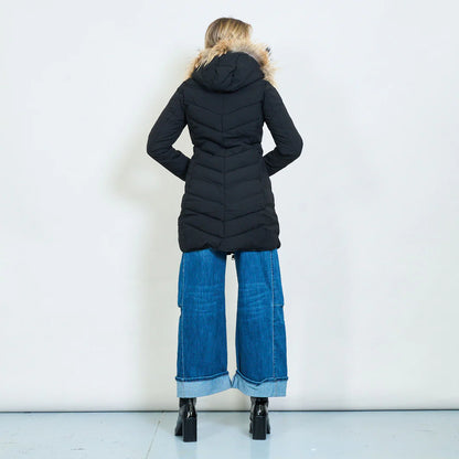 Medium-Length Green Down Jacket with Real Rabbit Fur Hood and Collar