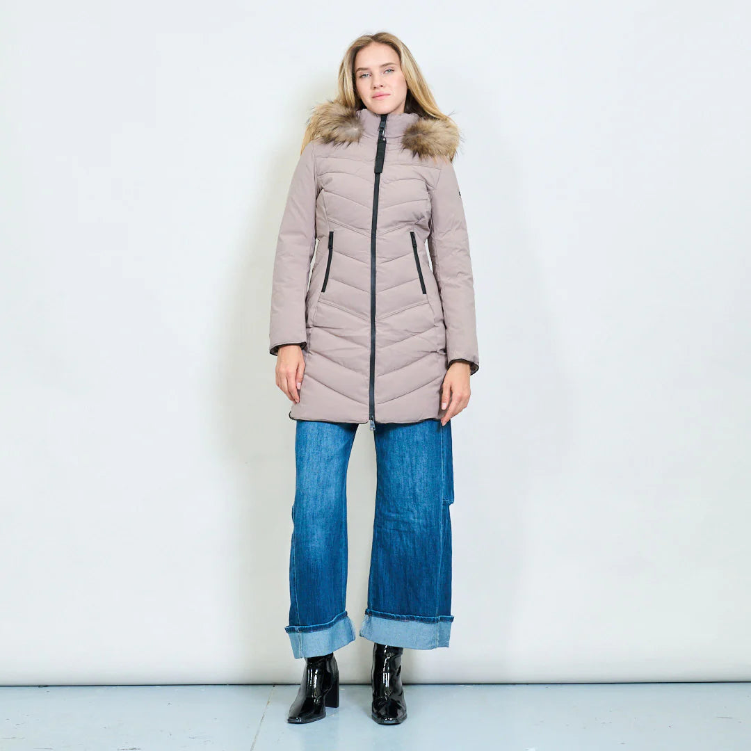 Medium-Length Green Down Jacket with Real Rabbit Fur Hood and Collar