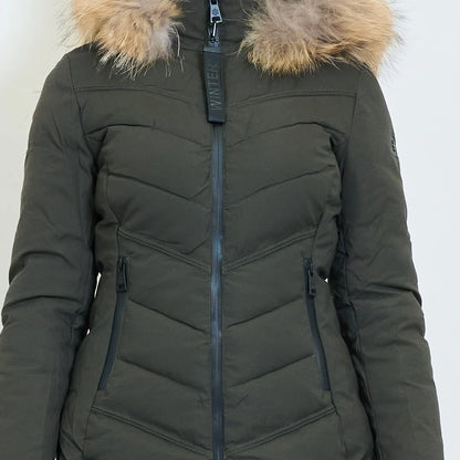 Medium-Length Green Down Jacket with Real Rabbit Fur Hood and Collar