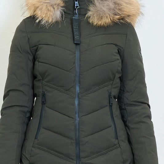 Medium-Length Green Down Jacket with Real Rabbit Fur Hood and Collar