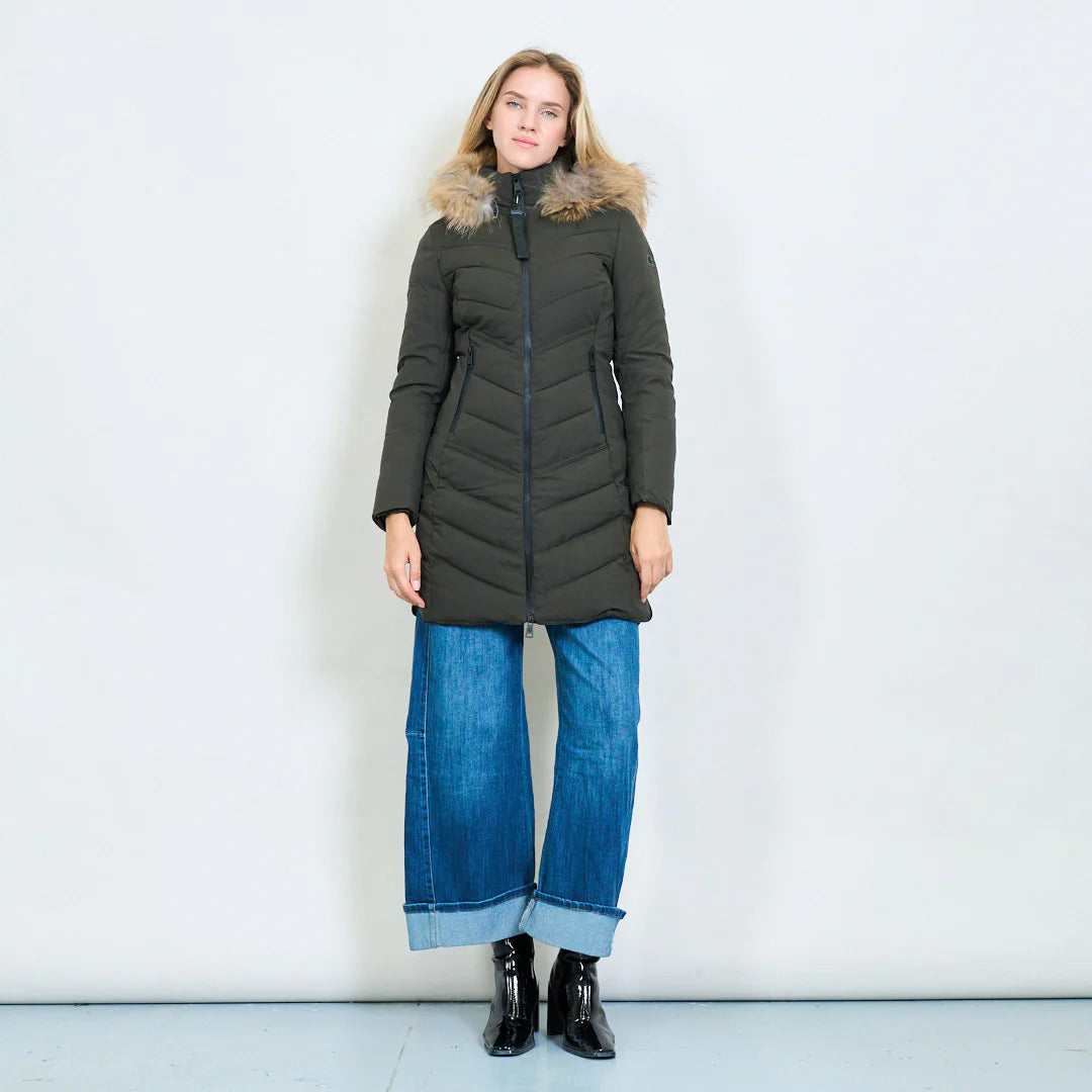 Medium-Length Green Down Jacket with Real Rabbit Fur Hood and Collar