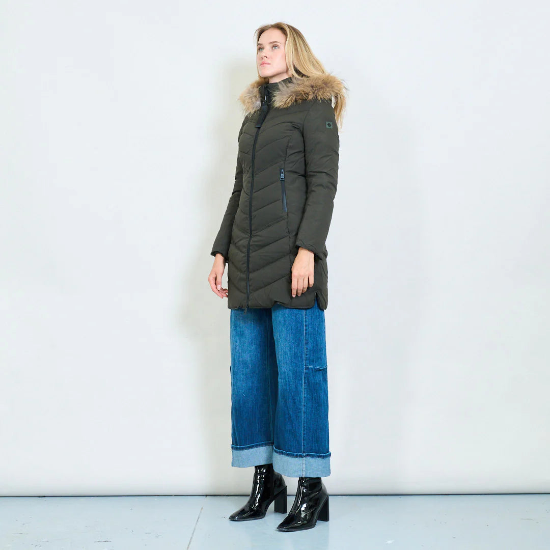 Medium-Length Green Down Jacket with Real Rabbit Fur Hood and Collar