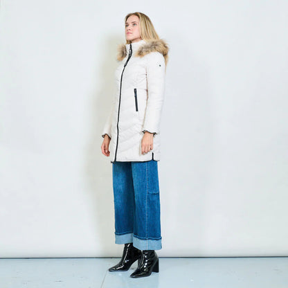 Medium-Length Green Down Jacket with Real Rabbit Fur Hood and Collar