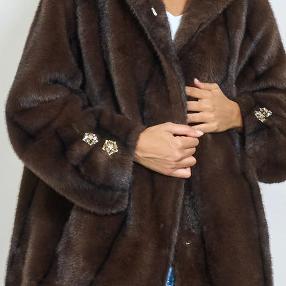Faux Fur Coat with Hood and Gold Details