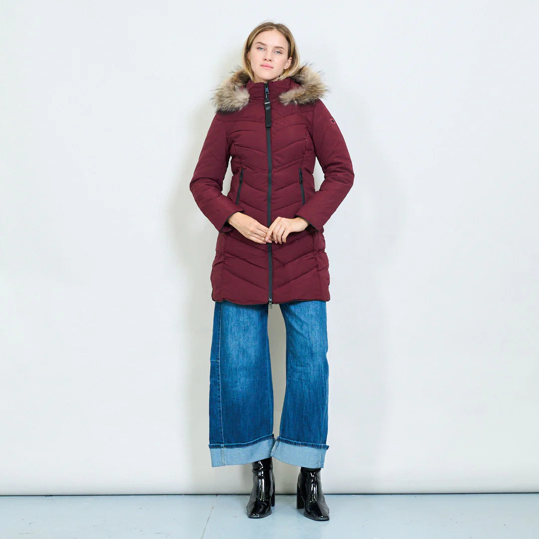 Medium-Length Green Down Jacket with Real Rabbit Fur Hood and Collar