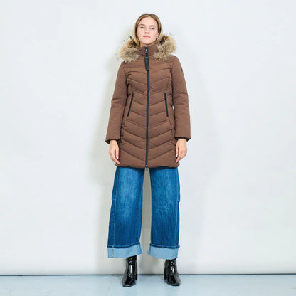 Medium-Length Green Down Jacket with Real Rabbit Fur Hood and Collar