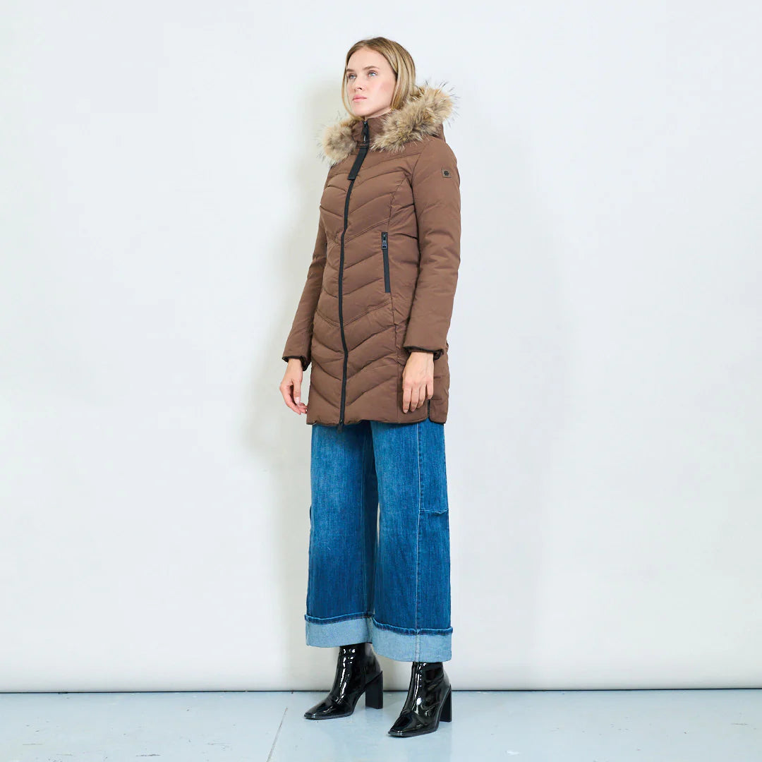 Medium-Length Green Down Jacket with Real Rabbit Fur Hood and Collar